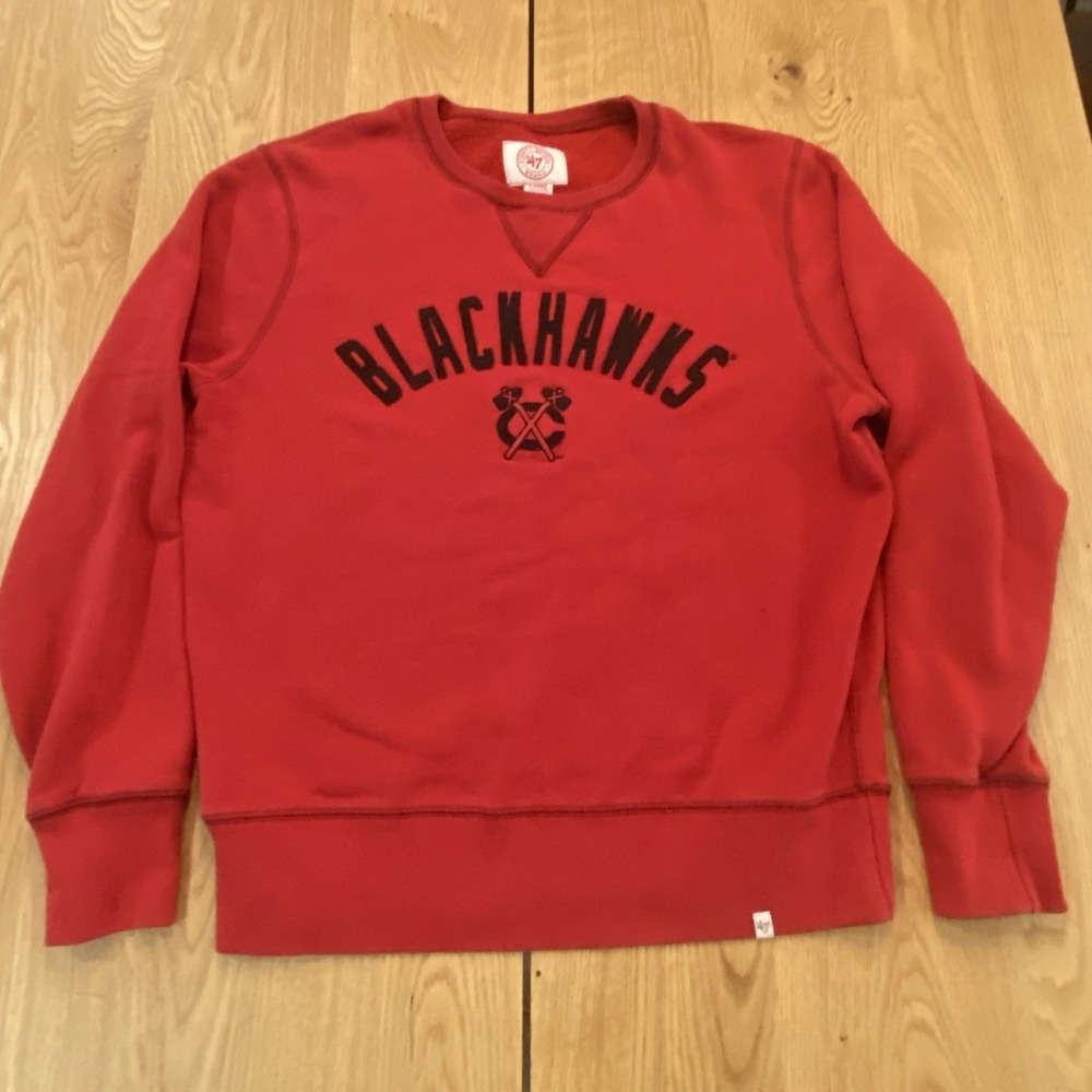 '47‎ Brand Chicago Blackhawks Embroidered Sweater Red Black Spell Out Men's L